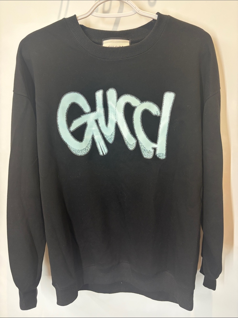 Gucci Black Crewneck Sweater with Mint Graffiti Logo